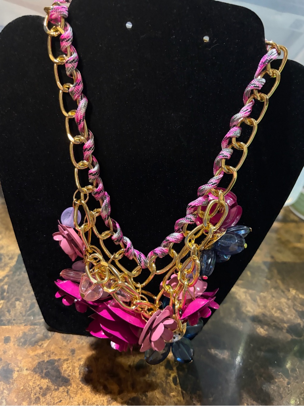 Gold Chain Necklace with Pink Floral Accents